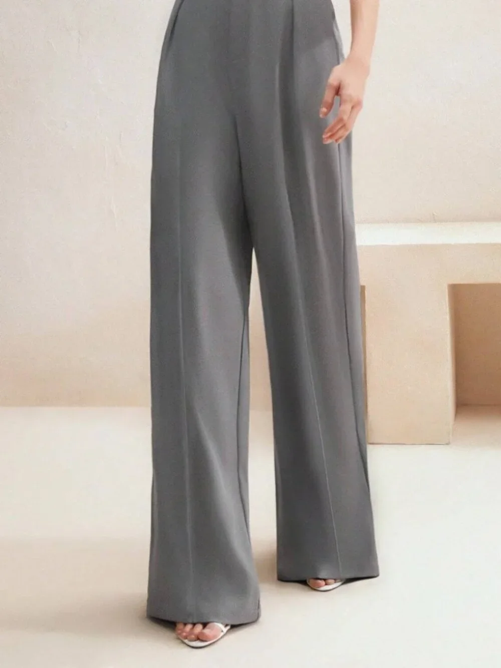 Gray Wide-Leg Suit Pants Tailored Trousers
